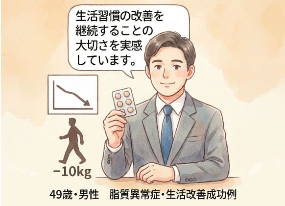 生活習慣の改善を継続することの大切さを実感しています。（49歳男性／脂質異常症・生活改善成功例　マイナス10kg）